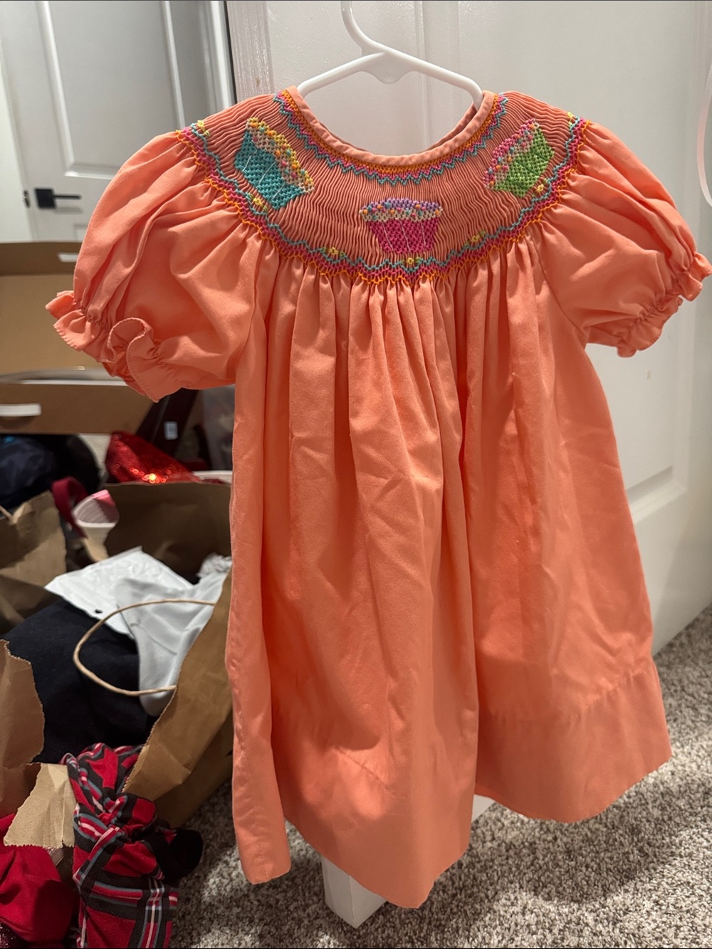 Girls Smocked Coral Puff-Sleeve Dress 12m birthday dress